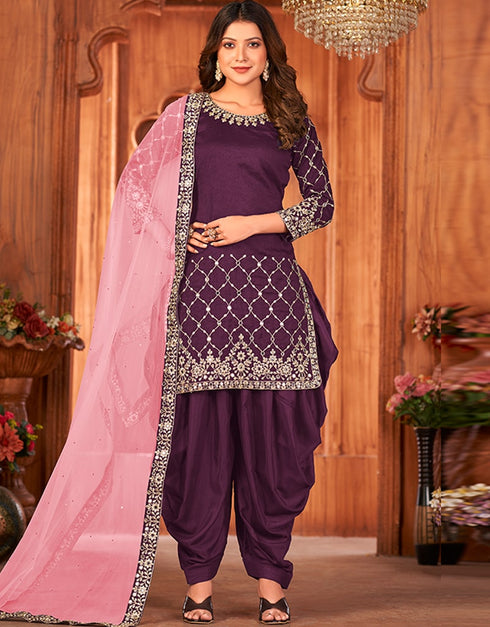Purple Art Silk Patiyala Suit Closure View