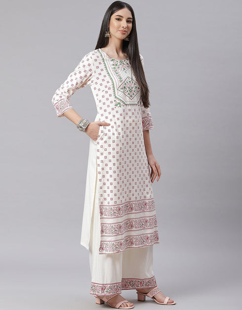 Designer Party Wear Readymade Top Bottom Dupatta Set Cream White Cotton Blend Palazzo Straight Back View