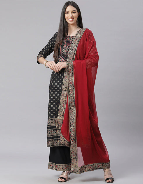 Designer Party Wear Readymade Top Bottom Dupatta Set Black Cotton Blend Palazzo Straight Front View