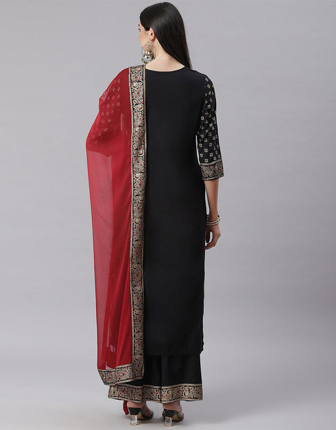 Designer Party Wear Readymade Top Bottom Dupatta Set Black Cotton Blend Palazzo Straight Close-up View