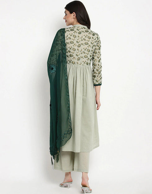 Designer Party Wear Readymade Top Bottom Dupatta Set Light Pista Dull Cotton Palazzo Straight Close-up View