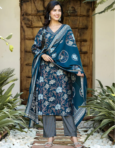 Designer Party Wear Readymade Top Bottom Dupatta Set Navy Blue 100 % Chanderi Silk Pant Straight Front View
