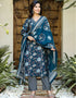 Designer Party Wear Readymade Top Bottom Dupatta Set Navy Blue 100 % Chanderi Silk Pant Straight Front View