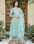 Designer Party Wear Readymade Top Bottom Dupatta Set Sea Green Pure Cotton Pant Anarkali Front View