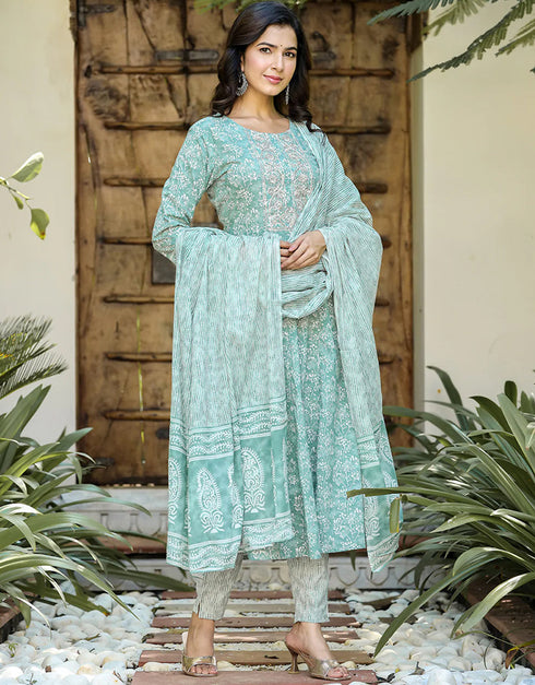 Designer Party Wear Readymade Top Bottom Dupatta Set Sea Green Pure Cotton Pant Anarkali Close-up View