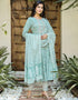 Designer Party Wear Readymade Top Bottom Dupatta Set Sea Green Pure Cotton Pant Anarkali Close-up View