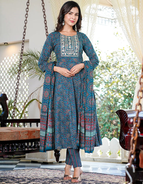 Designer Party Wear Readymade Top Bottom Dupatta Set Teal Pure Cotton Pant Anarkali Front View