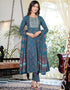 Designer Party Wear Readymade Top Bottom Dupatta Set Teal Pure Cotton Pant Anarkali Front View