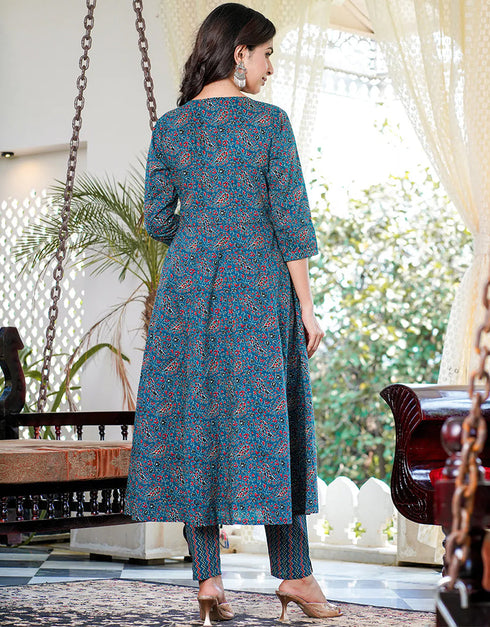 Designer Party Wear Readymade Top Bottom Dupatta Set Teal Pure Cotton Pant Anarkali Close-up View