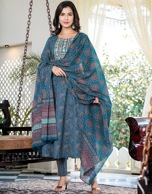 Designer Party Wear Readymade Top Bottom Dupatta Set Teal Pure Cotton Pant Anarkali Back View
