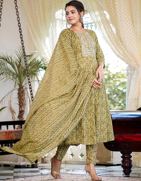 Designer Party Wear Readymade Top Bottom Dupatta Set Light Green Pure Cotton Pant Anarkali Front View