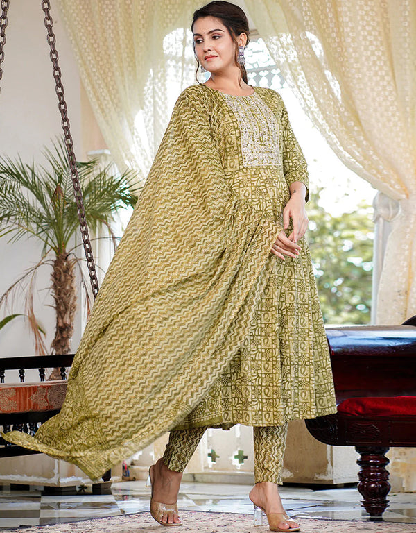 Designer Party Wear Readymade Top Bottom Dupatta Set Light Green Pure Cotton Pant Anarkali Front View
