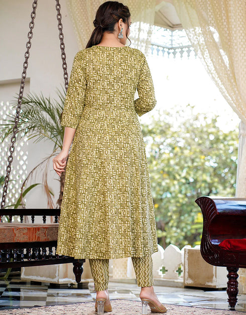 Designer Party Wear Readymade Top Bottom Dupatta Set Light Green Pure Cotton Pant Anarkali Close-up View