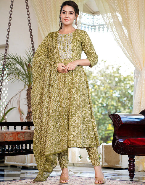 Designer Party Wear Readymade Top Bottom Dupatta Set Light Green Pure Cotton Pant Anarkali Back View