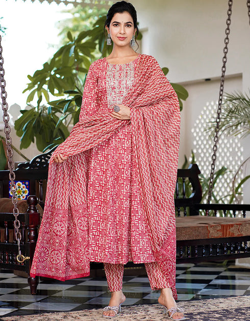 Designer Party Wear Readymade Top Bottom Dupatta Set Red Pure Cotton Pant Anarkali Front View
