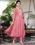 Designer Party Wear Readymade Top Bottom Dupatta Set Red Pure Cotton Pant Anarkali Close-up View