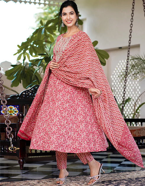 Designer Party Wear Readymade Top Bottom Dupatta Set Red Pure Cotton Pant Anarkali Back View