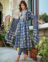 Designer Party Wear Readymade Top Bottom Dupatta Set Navy Blue Pure Cotton Pant Anarkali Front View