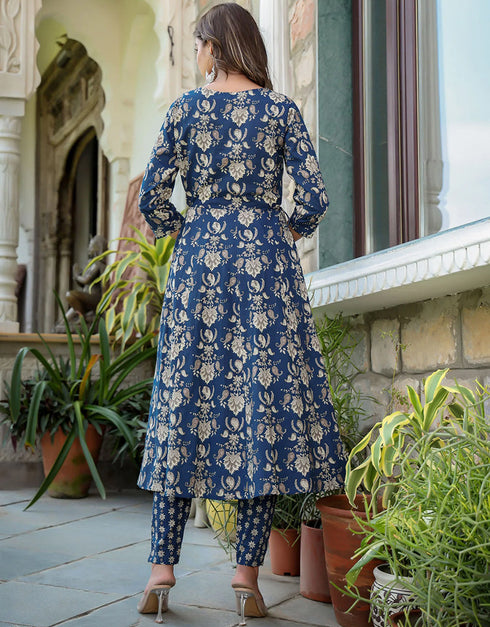 Designer Party Wear Readymade Top Bottom Dupatta Set Navy Blue Pure Cotton Pant Anarkali Close-up View