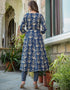 Designer Party Wear Readymade Top Bottom Dupatta Set Navy Blue Pure Cotton Pant Anarkali Close-up View