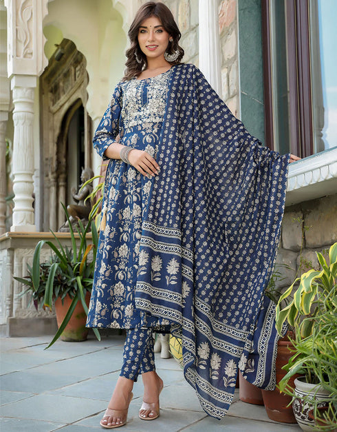 Designer Party Wear Readymade Top Bottom Dupatta Set Navy Blue Pure Cotton Pant Anarkali Back View