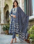 Designer Party Wear Readymade Top Bottom Dupatta Set Navy Blue Pure Cotton Pant Anarkali Back View