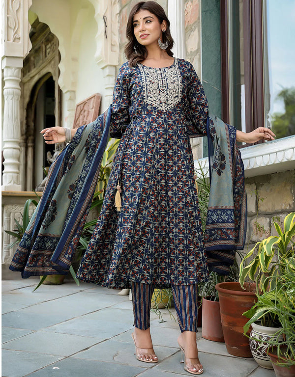 Designer Party Wear Readymade Top Bottom Dupatta Set Navy Blue Pure Cotton Pant Anarkali Front View