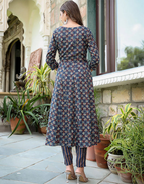 Designer Party Wear Readymade Top Bottom Dupatta Set Navy Blue Pure Cotton Pant Anarkali Close-up View