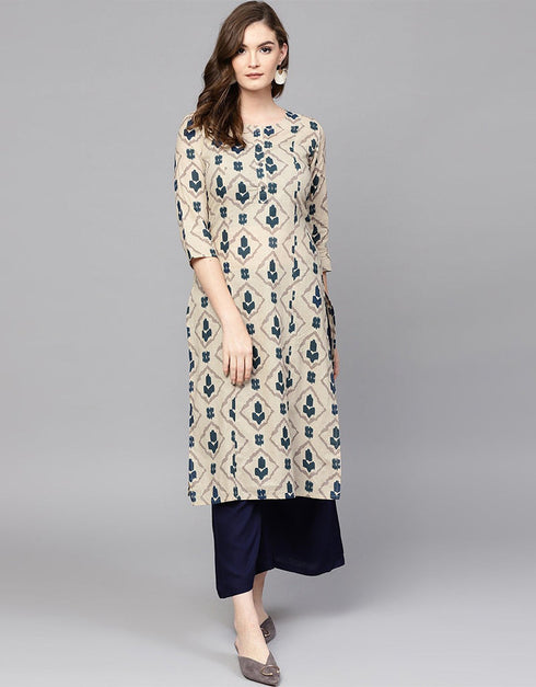 Designer Party Wear Readymade Top Bottom Dupatta Set Beige Pure Cotton Palazzo Straight Front View