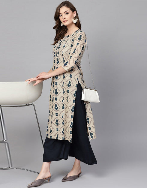 Designer Party Wear Readymade Top Bottom Dupatta Set Beige Pure Cotton Palazzo Straight Close-up View