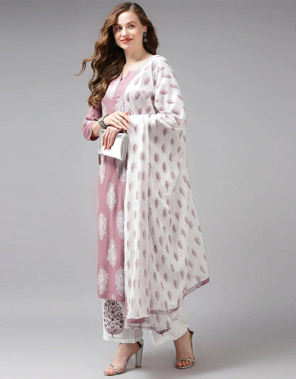 Designer Party Wear Readymade Top Bottom Dupatta Set Baby Pink Rayon Palazzo Straight Front View