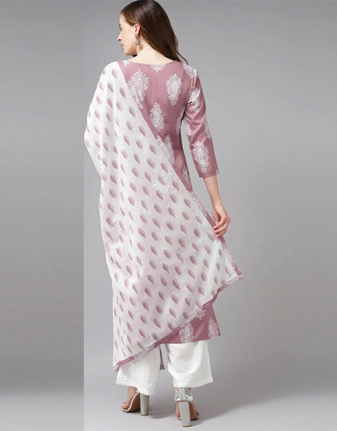 Designer Party Wear Readymade Top Bottom Dupatta Set Baby Pink Rayon Palazzo Straight Close-up View