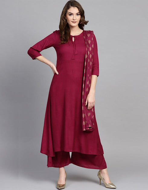 Designer Party Wear Readymade Top Bottom Dupatta Set Dark Pink Viscose Rayon Pant Anarkali Front View
