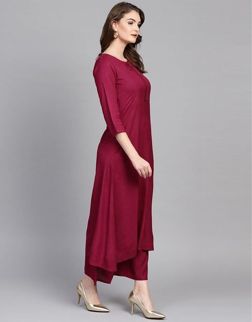 Designer Party Wear Readymade Top Bottom Dupatta Set Dark Pink Viscose Rayon Pant Anarkali Close-up View