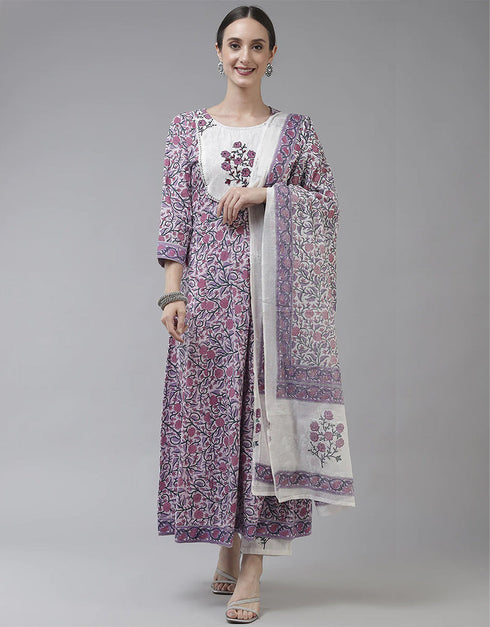 Designer Party Wear Readymade Top Bottom Dupatta Set Purple Cotton Pant Anarkali Front View