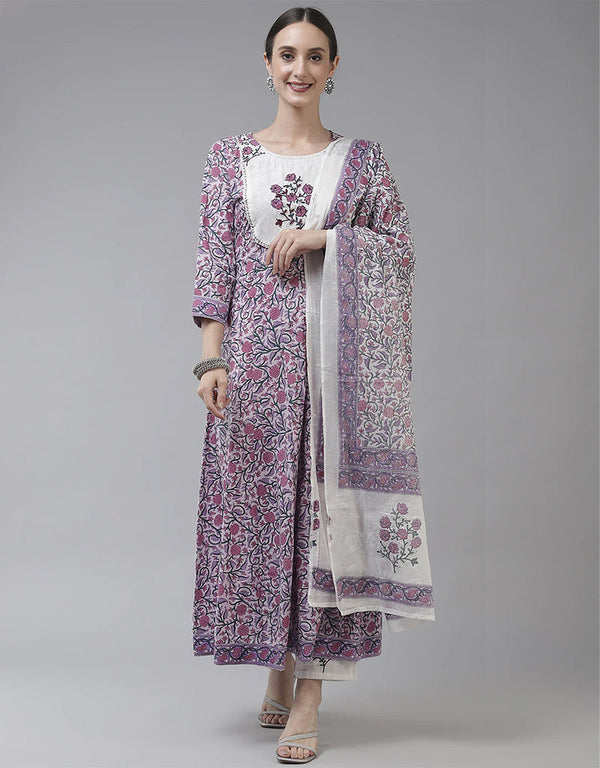 Designer Party Wear Readymade Top Bottom Dupatta Set Purple Cotton Pant Anarkali Front View