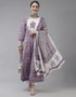 Designer Party Wear Readymade Top Bottom Dupatta Set Purple Cotton Pant Anarkali Close-up View