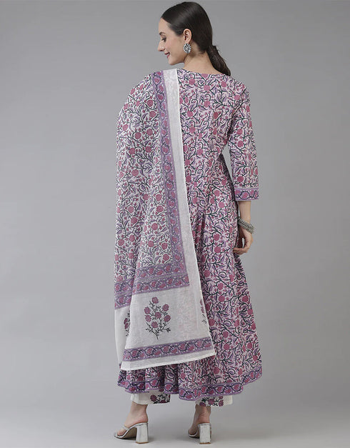 Designer Party Wear Readymade Top Bottom Dupatta Set Purple Cotton Pant Anarkali Back View