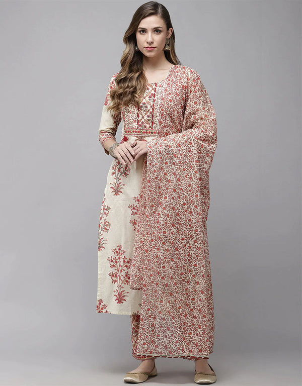 Designer Party Wear Readymade Top Bottom Dupatta Set Cream Mustard Cotton Pant Straight Front View