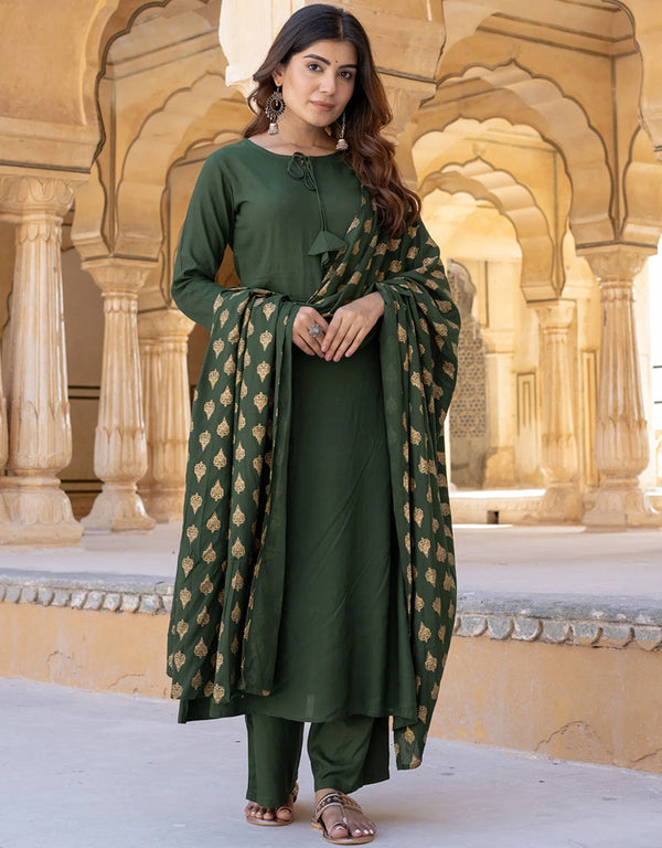 Designer Party Wear Readymade Top Bottom Dupatta Set Mahendi Green Viscose Rayon Palazzo Anarkali Front View