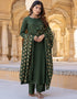 Designer Party Wear Readymade Top Bottom Dupatta Set Mahendi Green Viscose Rayon Palazzo Anarkali Front View