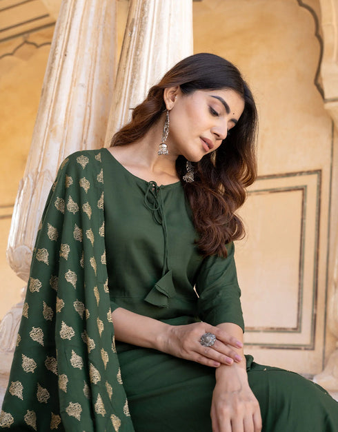 Designer Party Wear Readymade Top Bottom Dupatta Set Mahendi Green Viscose Rayon Palazzo Anarkali Close-up View
