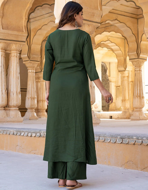 Designer Party Wear Readymade Top Bottom Dupatta Set Mahendi Green Viscose Rayon Palazzo Anarkali Back View