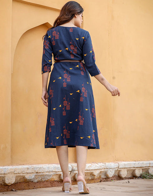 Designer Party Wear Readymade Kurta Only Navy Blue Cotton Na Anarkali Close-up View