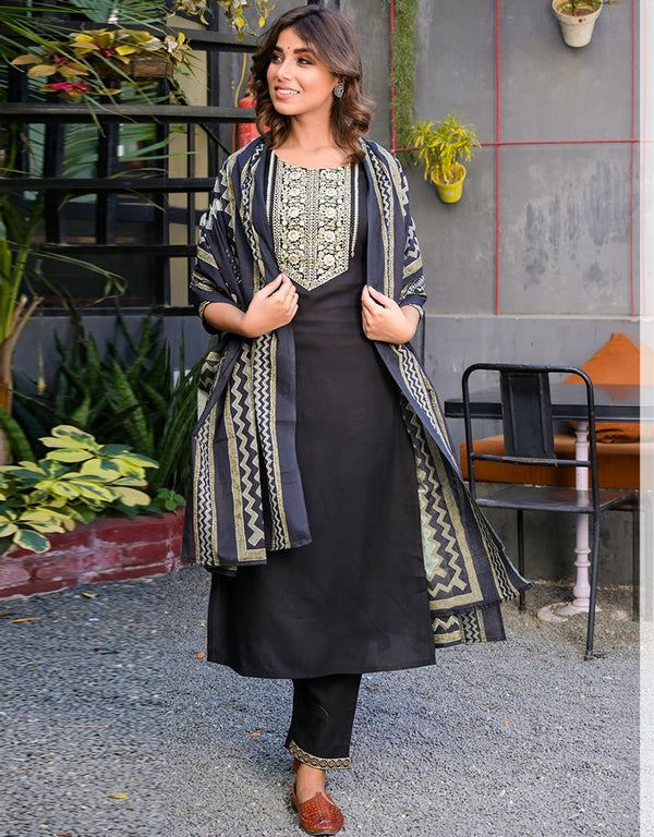 Designer Party Wear Readymade Top Bottom Dupatta Set Black Solid Rayon Pant Straight Front View