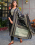 Designer Party Wear Readymade Top Bottom Dupatta Set Black Solid Rayon Pant Straight Close-up View