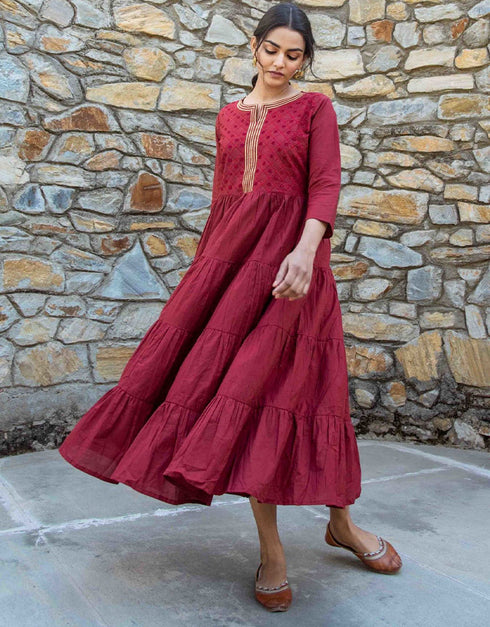 Designer Party Wear Readymade Kurta Only Maroon Cotton Na Anarkali Front View
