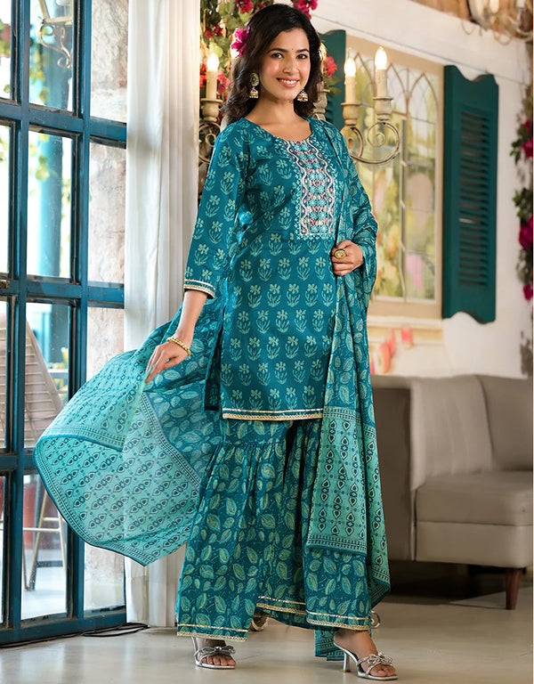 Kurta Sharara With Dupatta Set Teal Pure Cotton Sharara Suit Front View