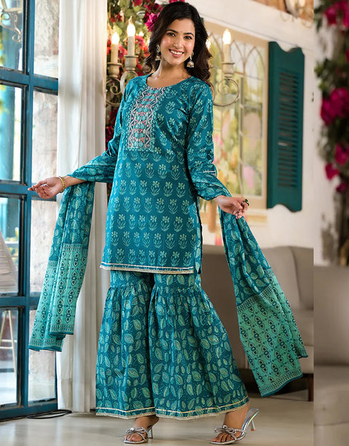 Kurta Sharara With Dupatta Set Teal Pure Cotton Sharara Suit Close-up View