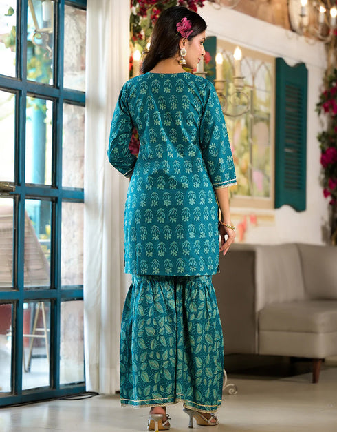 Kurta Sharara With Dupatta Set Teal Pure Cotton Sharara Suit Back View